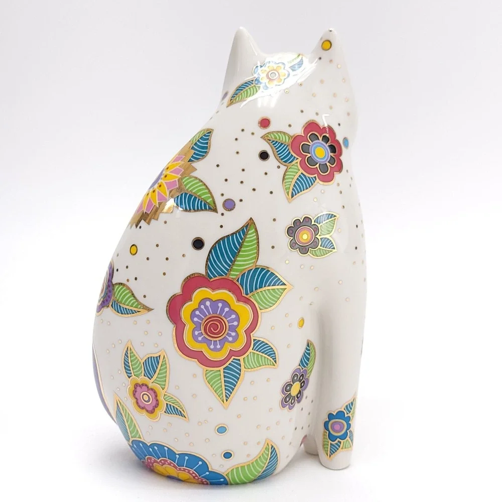 Vintage 1996‎ Laurel Burch Porcelain Floral Cat Clock White, Gold TESTED WORKING